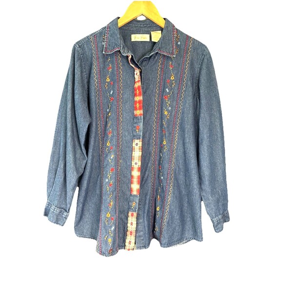 Bobbie Brooks Tops - Vtg 90s Y2K Bobbie Brooks Denim Shirt Sz L Blue Floral Embroidery Red Plaid Trim